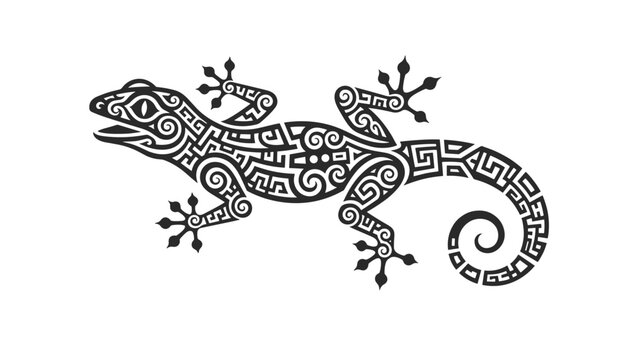 Intricate tribal lizard illustration in black color decorated with traditional polynesian geometric patterns on a white background.