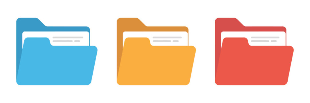 Folder icons with open and closed document folders for file organization, data storage, office management, and vector illustration