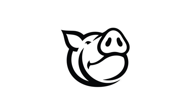 Black and white vector logo design showing a smiling pig head outline with cute ears and a big snout isolated on a white background.