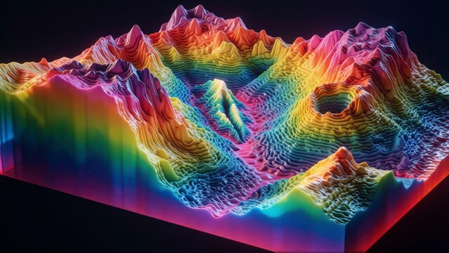 3D topographic map with rainbow elevation. Colorful digital terrain model of mountain range.