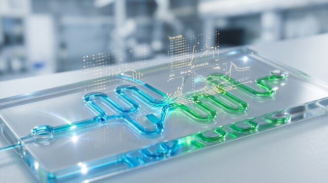 Close-up of a glass microfluidic lab-on-a-chip device mixing blue and green fluids with holographic data graphs in a modern laboratory