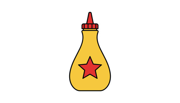 Simple vector illustration of a yellow mustard squeeze bottle with a prominent red star on the front, isolated on white.