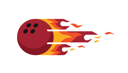 Naklejka premium Red bowling ball flying with bright orange and yellow fire flames representing speed and high energy.