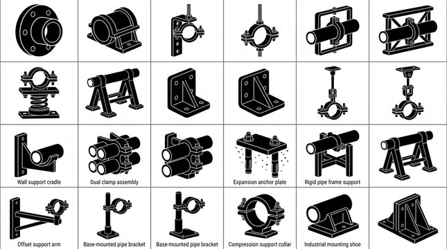 Pipe and tube support hardware and industrial mounting bracket icon set for infrastructure projects