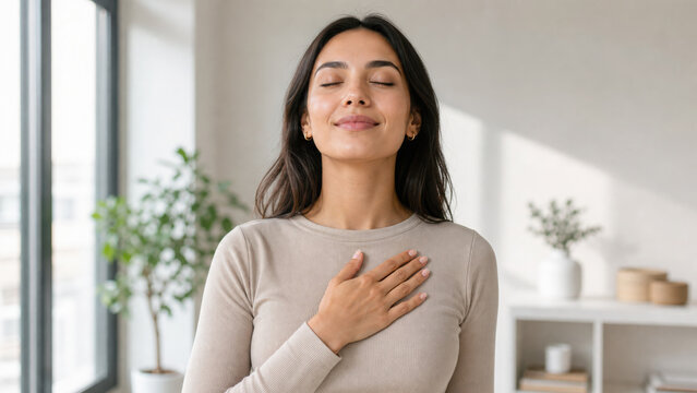 Peaceful woman with eyes closed holding hand on chest, practicing mindful generated using ai