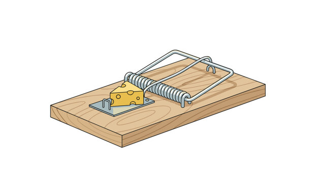 Isometric vector illustration of a classic wooden mousetrap baited with a delicious piece of yellow cheese.