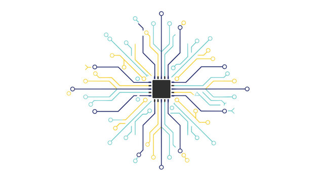 Complex electronic circuit board radial pattern branching out from a central computer microchip processor.
