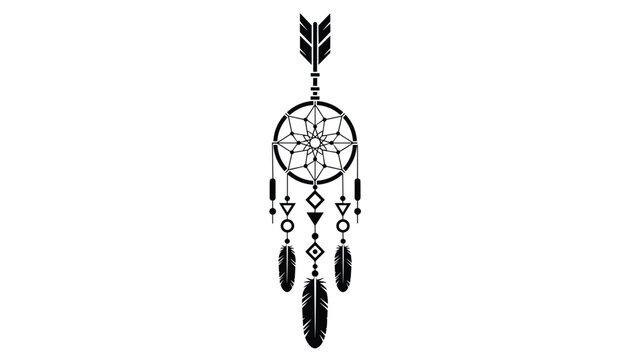 Elegant black and white dreamcatcher vector art is combined with a vertical arrow on a solid white background.