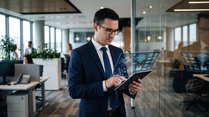 Fototapeta premium A professional man in a suit checking data on a tablet in a modern office space with glass walls and greenery.