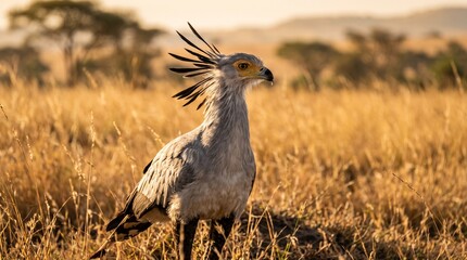 Fototapeta premium Secretary bird standing in golden African savannah during sunset