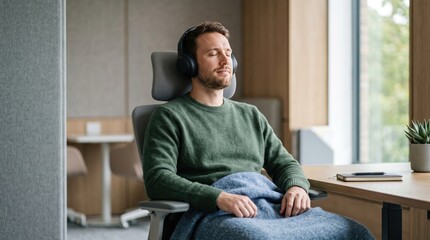 Fototapeta premium A relaxed man enjoys tranquility in a modern workspace with headphones and a blanket, embodying a peaceful mindset.