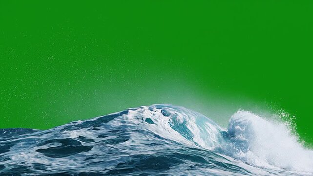 a powerful turquoise sea wave rushes from the left side of the frame, completely covering the screen before flowing away to reveal a solid chroma key green background (#00FF00)