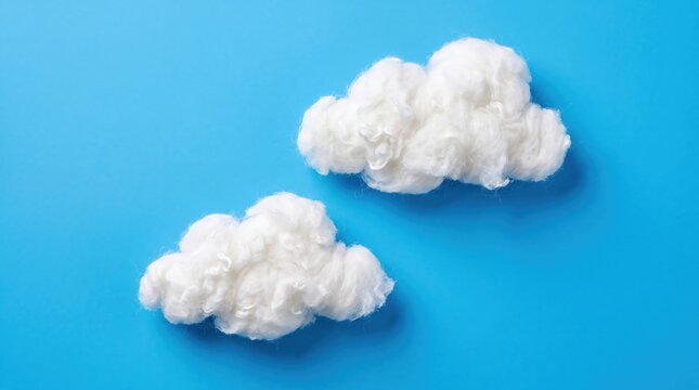 Two fluffy white cotton clouds floating isolated against a vibrant solid bright blue background