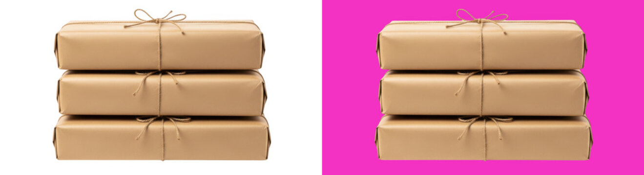 Stacked wrapped parcels with twine ribbon packaging