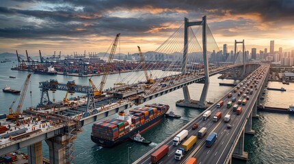 A stunning aerial view of a bustling port with ships and vehicles, showcasing infrastructure and transport dynamics. © Jiraporn