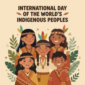 Inclusive International Day of the World's Indigenous Peoples illustration featuring joyful community in traditional clothing, feather accessories, botanical elements and cultural heritage celebration