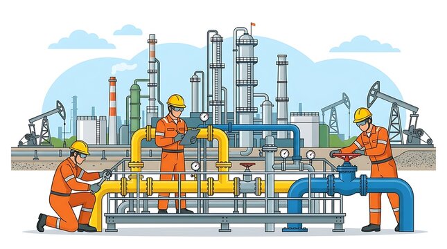 Oil and gas refinery workers operating industrial pipeline valves