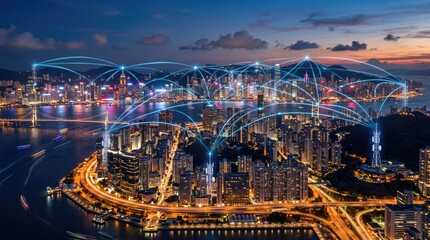 Fototapeta premium A stunning skyline illustrating urban connectivity with light trails and network overlays at sunset in a vibrant city.