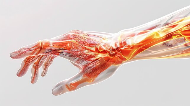 3D medical illustration of De Quervain's tenosynovitis with glowing inflamed thumb tendon sheath