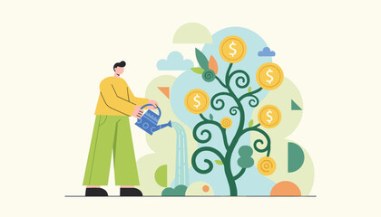 Fototapeta premium Young man wearing a yellow shirt and green pants watering a small artistic money tree with swirly branches and gold coins on a light background.