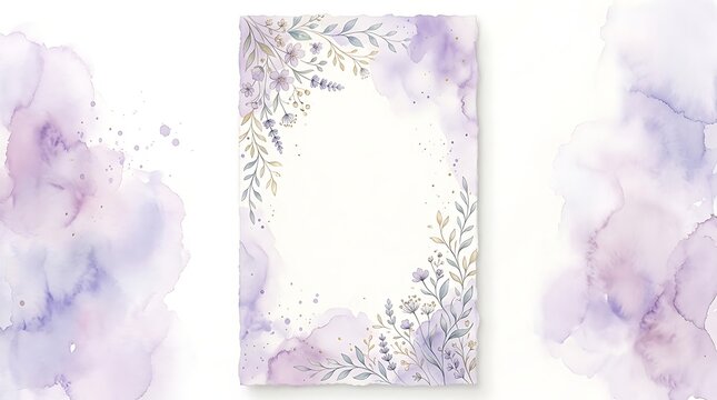 Watercolor floral frame with lavender and purple flowers on white paper