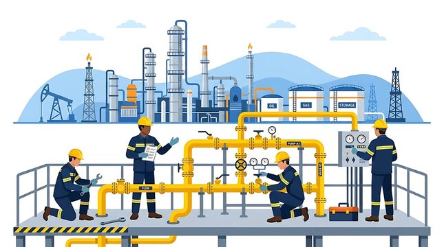 Industrial oil and gas refinery plant with workers maintaining pipelines