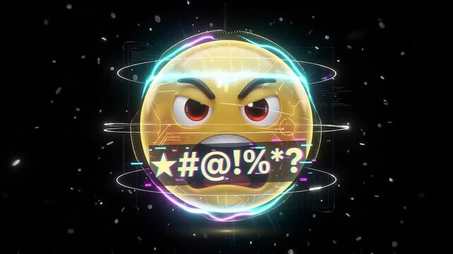 Angry Emoji Swear Word Censored, Frustrated Face with Symbols, Digital Art, Neon Lights
