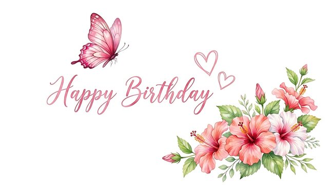 Happy birthday greeting card with pink hibiscus flowers and a butterfly isolated on white background