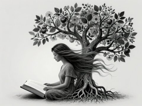 Girl reading beneath blooming tree roots
