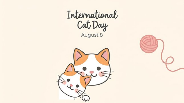 International cat day illustration with two cute cats and a ball of yarn
