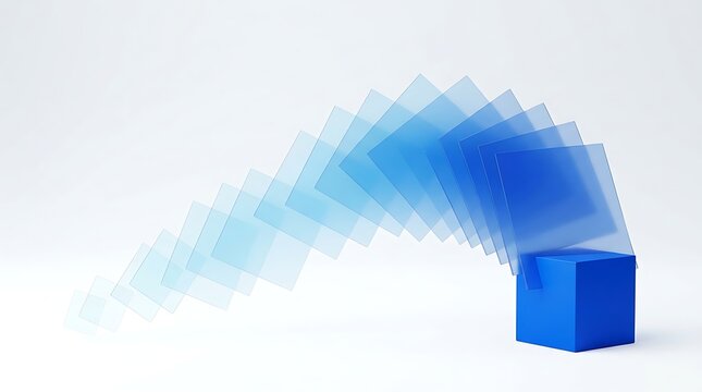 Abstract composition of translucent blue square plates on a blue cube