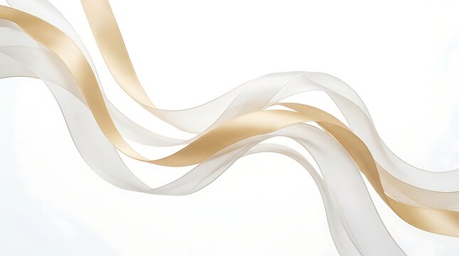 Elegant flowing gold and white silk ribbons isolated on white background