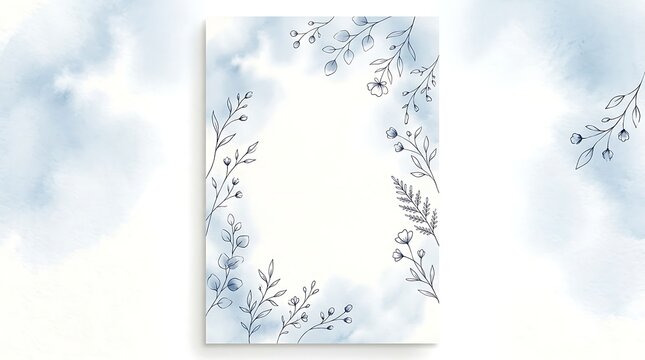 Elegant floral frame with blue watercolor wash and handdrawn botanical elements