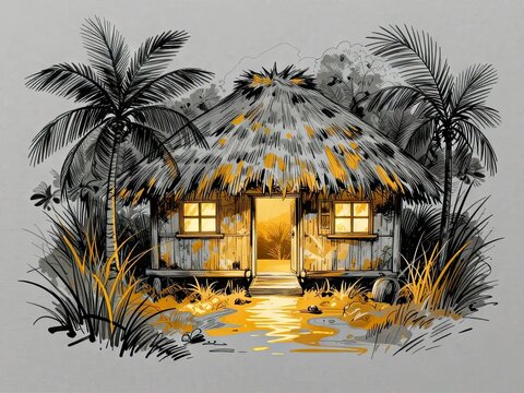 Bamboo hut with palm trees at sunset