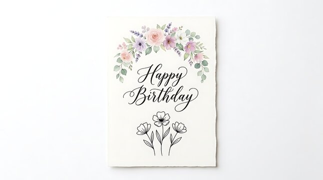 Happy birthday greeting card with watercolor floral arch isolated on white background