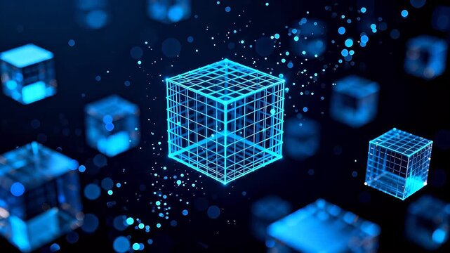 Blue wireframe cubes in digital space