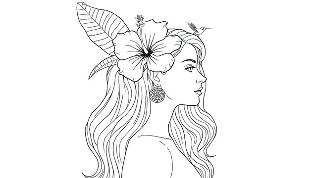 Woman profile with hibiscus flower and dragonfly