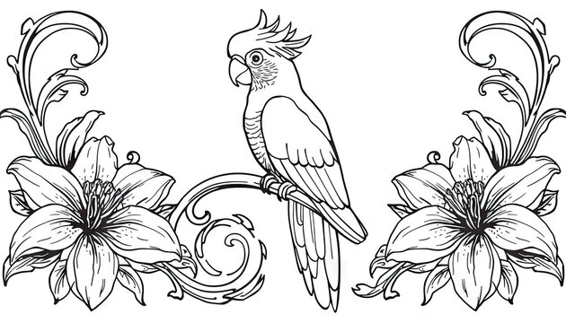 Parrot perched between two lilies in line art