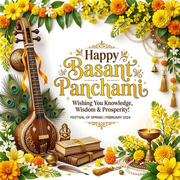 Basant Panchami festival greeting card. Saraswati Puja celebration with flowers and veena.