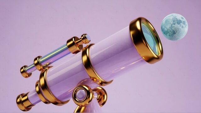Purple telescope looking at the moon. Astronomy equipment for space exploration and science.