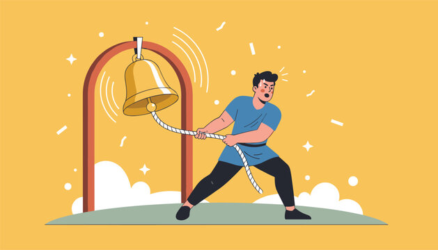 Energetic young man pulling a thick rope to ring a giant golden bell hanging from a red archway on a yellow background.