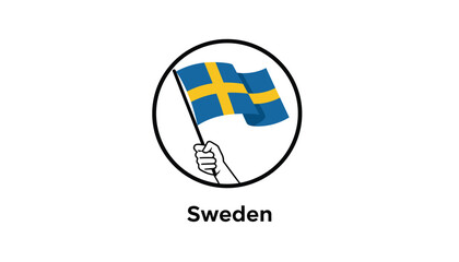 Fototapeta premium Hand holding the waving flag of Sweden inside a circular frame with the country name written below.
