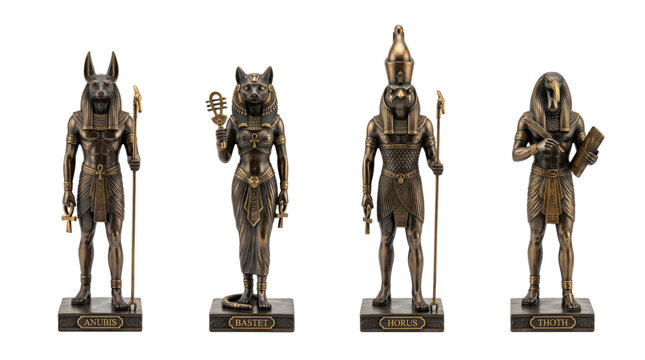 Four bronze ancient Egyptian deity statues with names isolated on transparent background.
