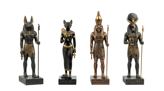 Egyptian mythology set with statues of Anubis, Bastet, Horus and Thoth isolated on transparent background.