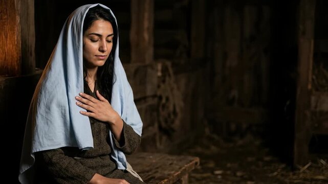 serene portrait of virgin mary wearing a blue head covering seated on a rustic wooden bench inside a dark stable depicting a reflective praying figure within the christmas nativity scene