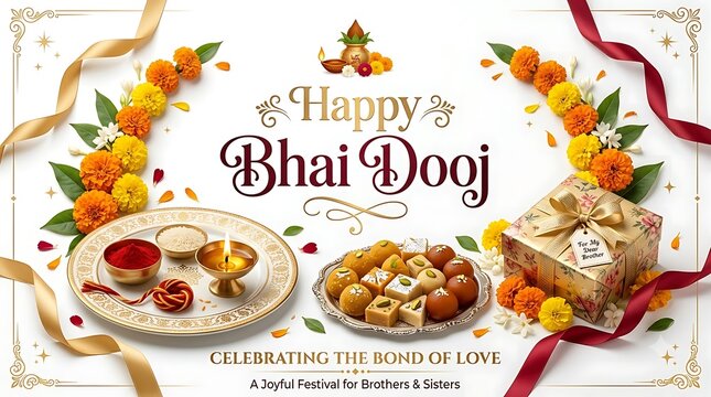 Bhai Dooj festival greeting card design. Traditional Indian holiday celebration background.
