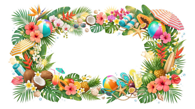 Tropical beach holiday border with palm leaves exotic fruits flowers and beach accessories isolated on transparent background.