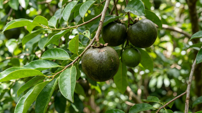 Close-up photograph of ripe Black Sapote (Diospyros digyna), also known as chocolate pudding fruit, growing naturally on a healthy tree branch. 
