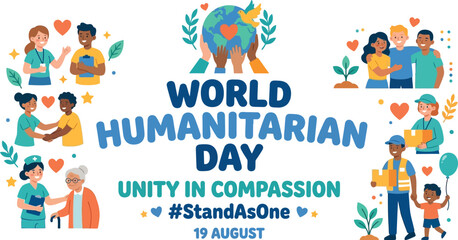 Fototapeta premium World Humanitarian Day Banner with Volunteers and Healthcare Workers