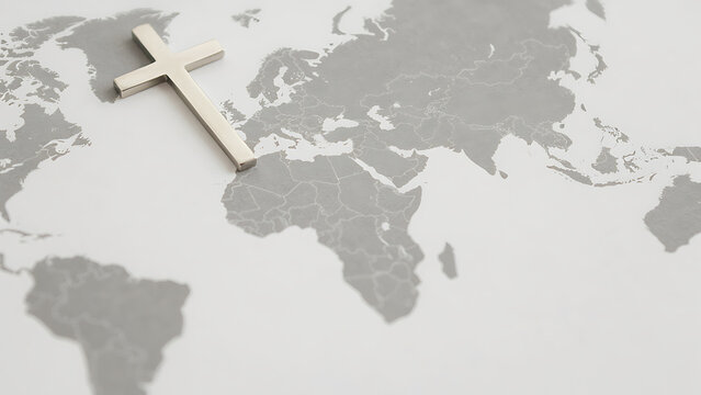 Metallic Christian cross on world map background for global faith